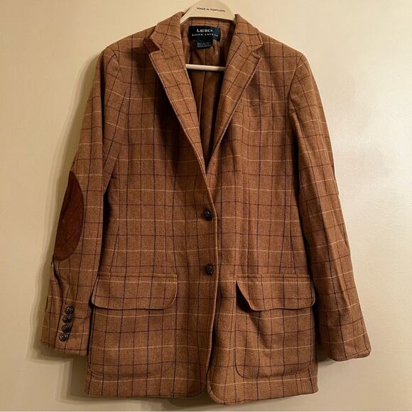 VTG Lauren Ralph Lauren Brown Plaid Blazer windowpane plaid elbow pads 6 - Picture 1 of 8